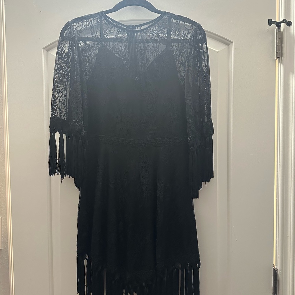 Elegant Black Lace Romper with Fringe
